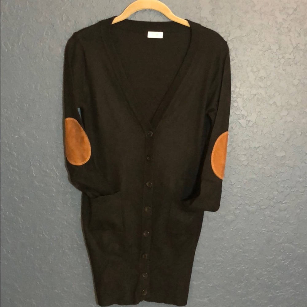 Tobi long cardigan brown suede-like elbow patches Grampa cardigan